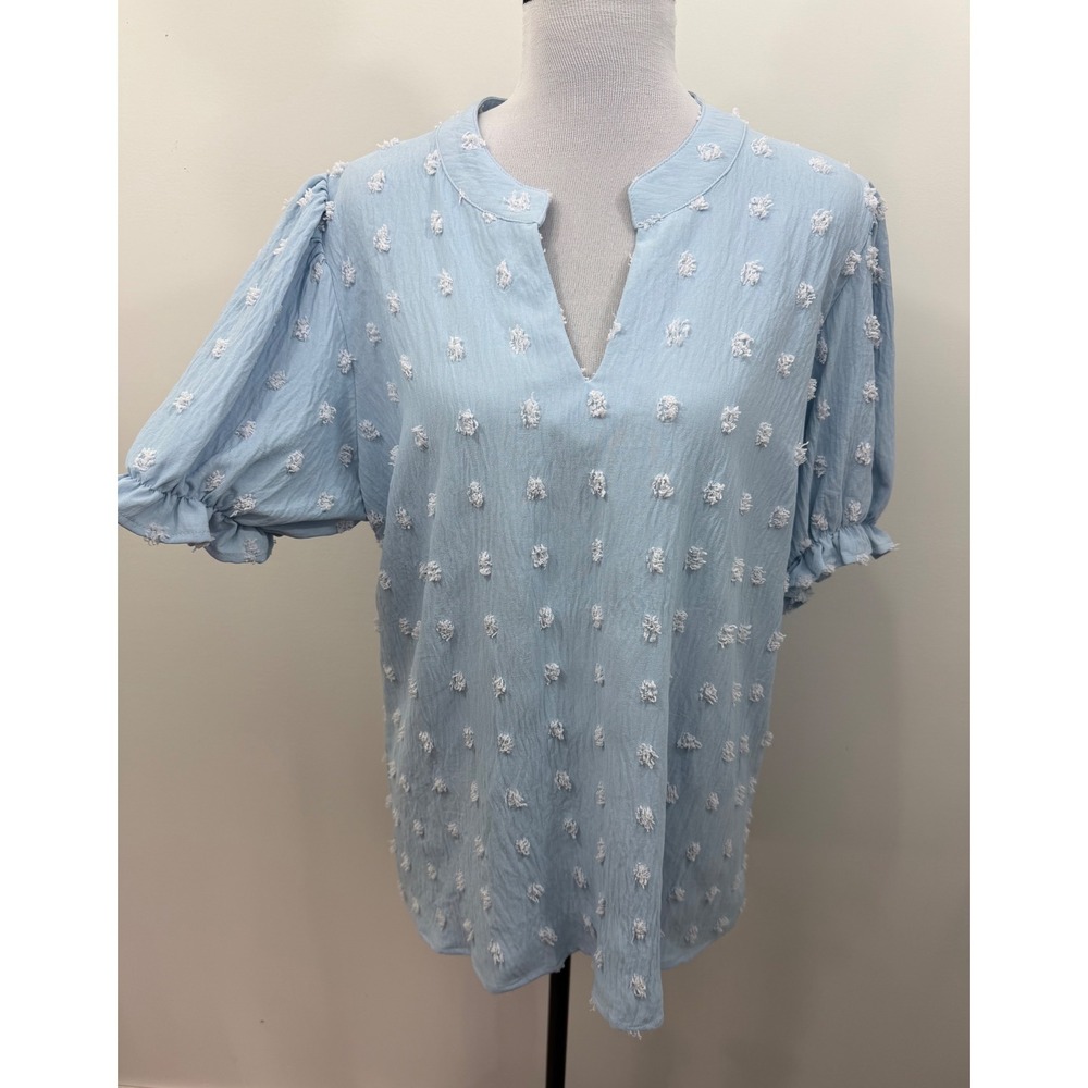 B Light Blue Eyelash Tufted Clip Dot Puff Sleeve V-Neck Blouse Large
